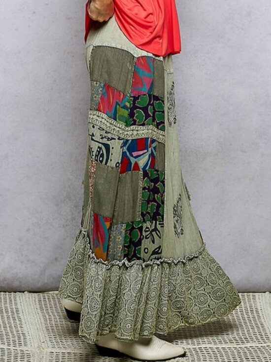 POL Dresses & Skirts - Printed Patchwork Embroidered Ruffled Skirt